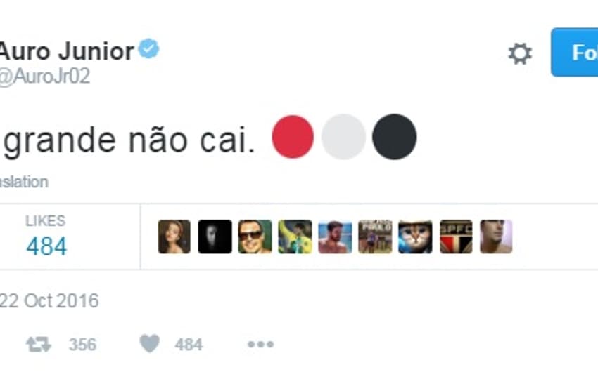 Mensagem postada por Auro após a vitória do Tricolor (FOTO: Reprodução/Twitter)