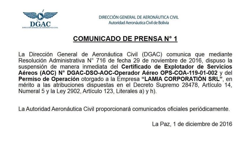 Comunicado do governo boliviano suspendendo o registro da Lamia