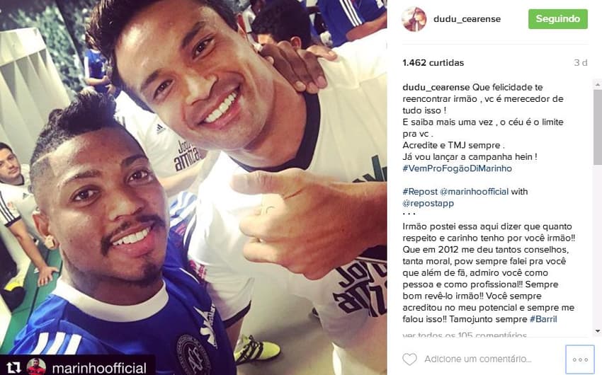 Dudu Cearense levanta hashtag pedindo Marinho no Botafogo