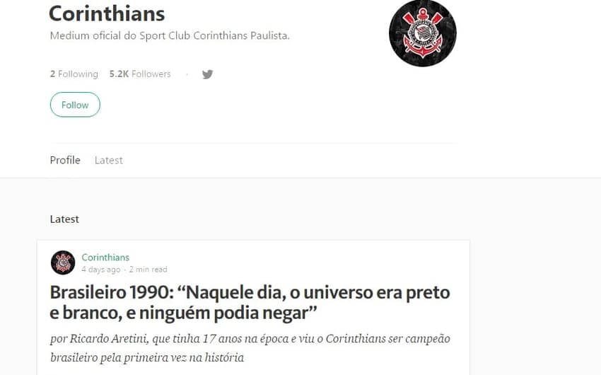 Página do Corinthians na plataforma Medium