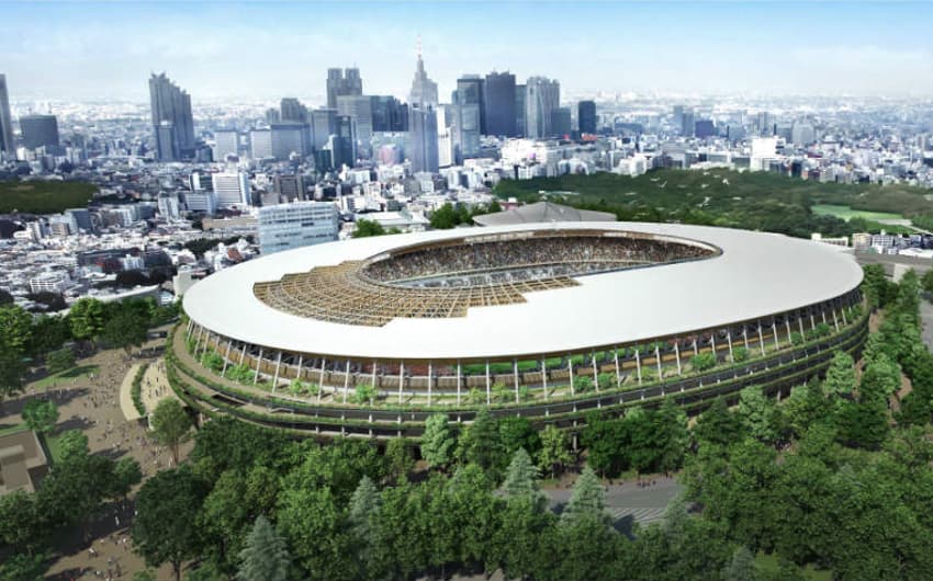 O novo estádio olímpico de Tóquio, que receberá as cerimônias de abertura e encerramento, as competições do atletismo e as finais do futebol (Crédito: Divulgação)