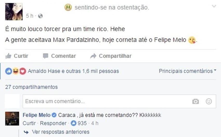 Felipe Melo interage com palmeirenses no Facebook