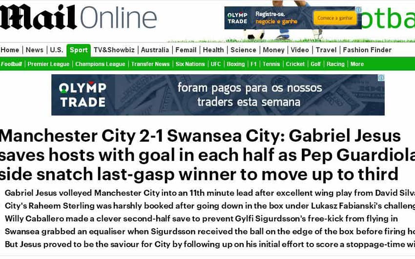 'Daily Mail': 'Gabriel Jesus provou ser o salvador dos anfitriões, ao marcar um gol em cada tempo para o City de Guardiola'