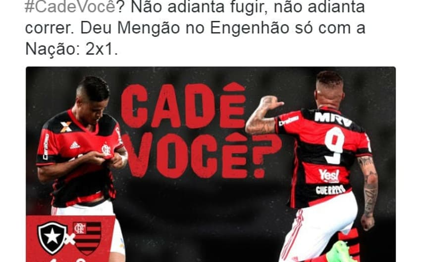 Após o apito final decretar sua vitória por 2 a 1, o Flamengo soltou no Twitter: 'Não adianta fugir, não adianta correr'&nbsp;