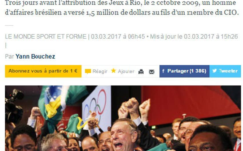 &nbsp;'Le Monde revela suspeitas de corrupção na atribuição dos Jogos Olímpicos de 2016 ao Rio'&nbsp;