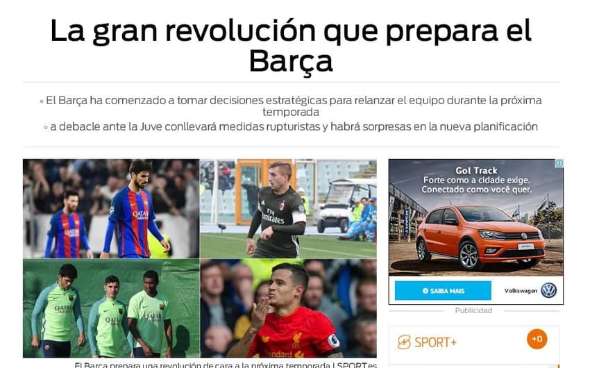 Manchete do site Sport, da Espanha