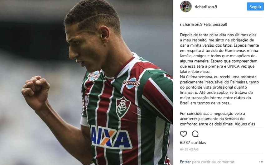 Na mira do Palmeiras, o tricolor Richarlison usou seu Instagram para se pronunciar e disparar: 'Não sou covarde'