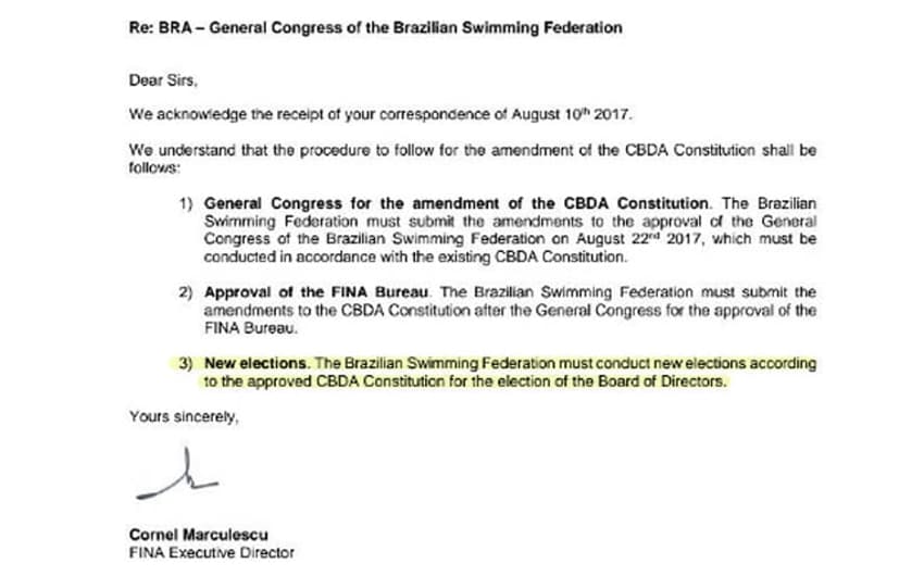 Fina diz que CBDA “deve conduzir novas eleições, de acordo com o estatuto aprovado, para escolha da diretoria”&nbsp;