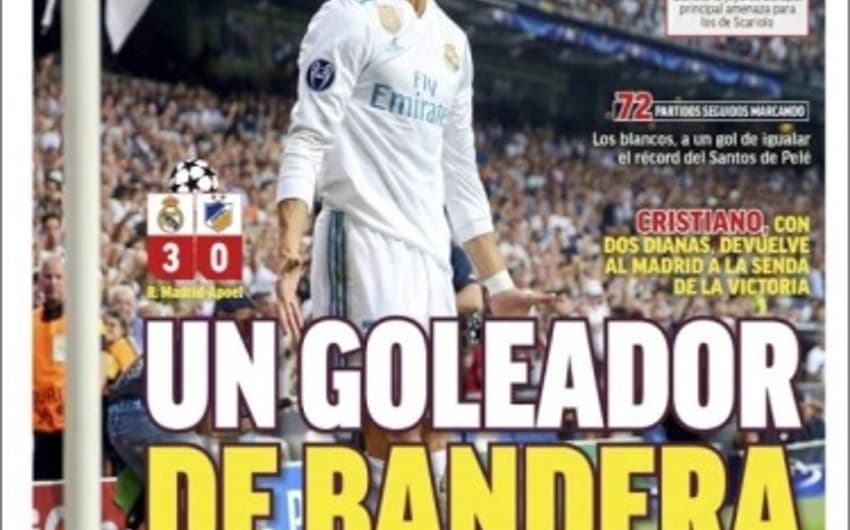 O jornal espanhol "Marca" destaca a vitória de 3 a 0 do Real Madrid sobre o Apoel. "Goleador Nato" é a manchete do diário, que ainda fala sobre o empate entre Liverpool e Sevilla por 2 a 2.