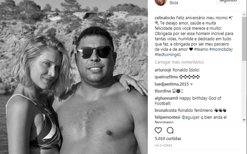A modelo Celina Locks, namorada de Ronaldo, publicou uma foto no Instagram, em homenagem ao aniversariante do dia<br>