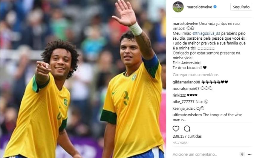 O lateral-esquerdo Marcelo usou o Instagram pra homenagear o amigo Thiago Silva<br>
