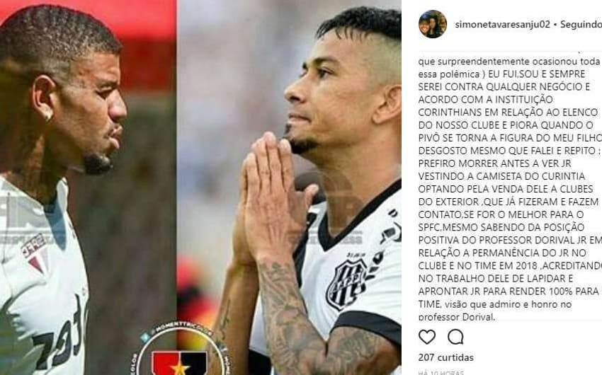 Postagem da mãe do jogador dizendo preferir a morte a ver seu filho jogando no Corinthians
