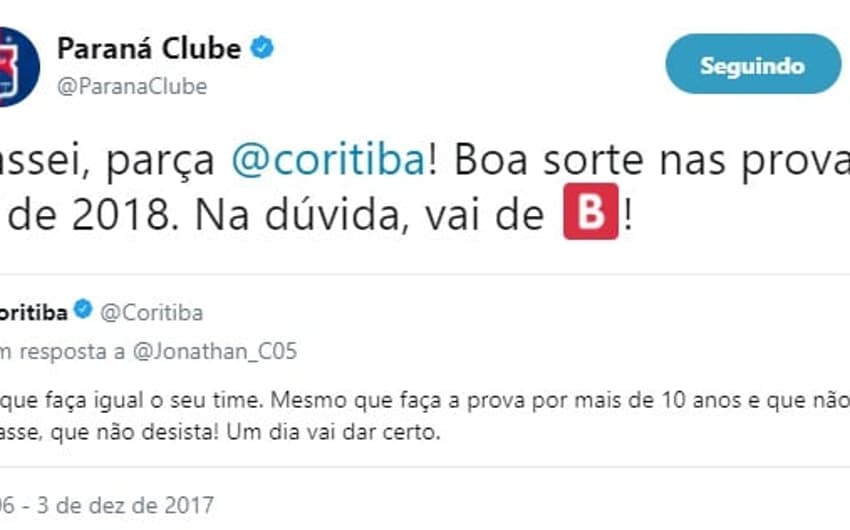 Após rebaixamento para Série B, Paraná zoa Coritiba