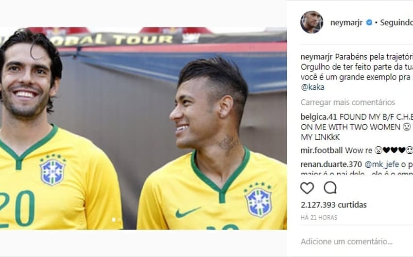 Neymar -&nbsp;Parabéns pela trajetória irmão! Orgulho de ter feito parte da tua carreira, você é um grande exemplo pra mim