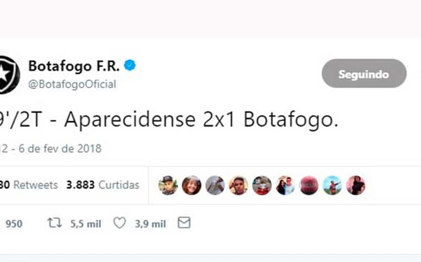 Quando o Aparecidense virou a partida aos 39 minutos do segundo tempo, o Twitter do Botafogo atualizou o placar para seus seguidores