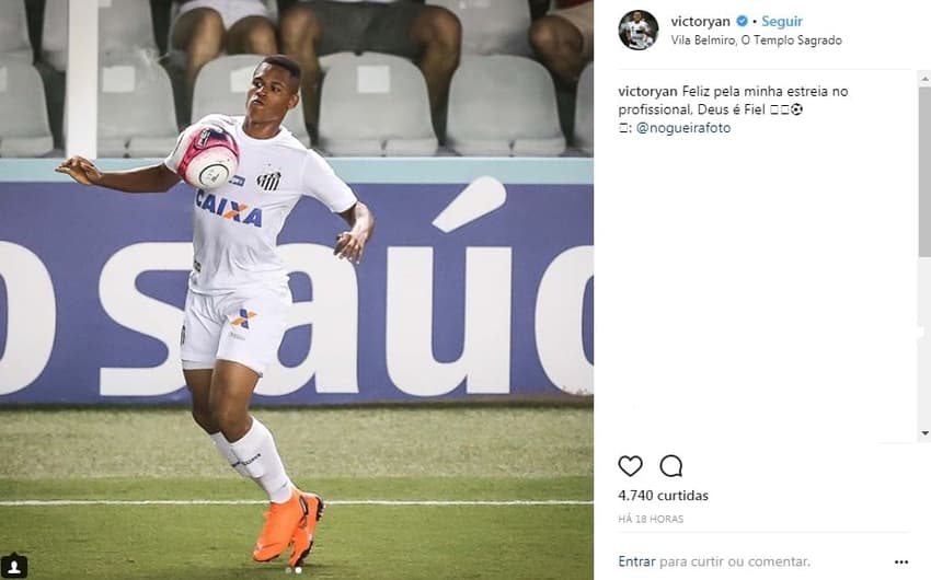 Em seu Instagram, Victor Yan vibra com a estreia no time profissional do Santos&nbsp;