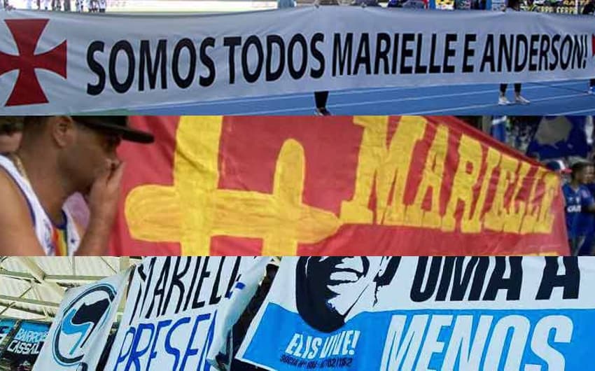 Faixas com mensagens para Marielle Franco e Anderson Pedro Gomes nos estádios