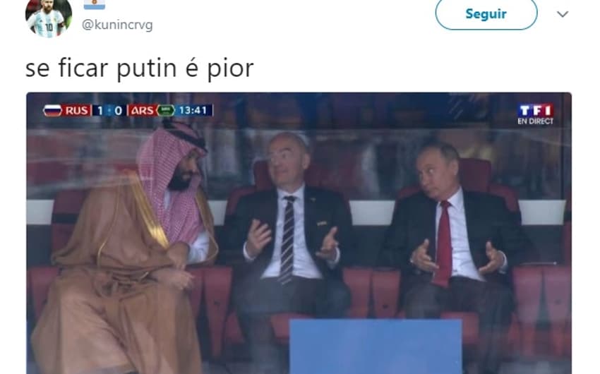 Humor na Copa: Putin, Infantino e príncipe saudita após o gol da Rússia