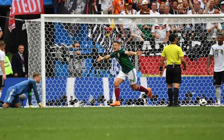 Alemanha 0 x 1 México - 2018 - A atual campeã mundial estreou com derrota para o México na Copa de 2018, em Moscou. Lozano marcou o único gol, no primeiro tempo, para a festa da multidão mexicana, sempre presente nos estádios