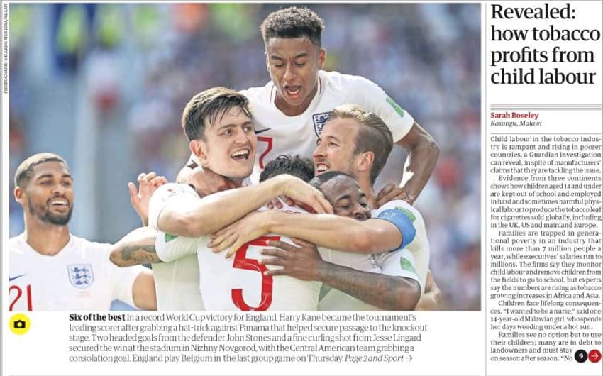 Na Inglaterra, o jornal The Guardian comemorou o domingo vitorioso dos ingleses. Além de destacar a goleada por 6 a 1 contra o Panamá, lembrou das vitórias do país na Fórmula 1, rúgbi, criquete...