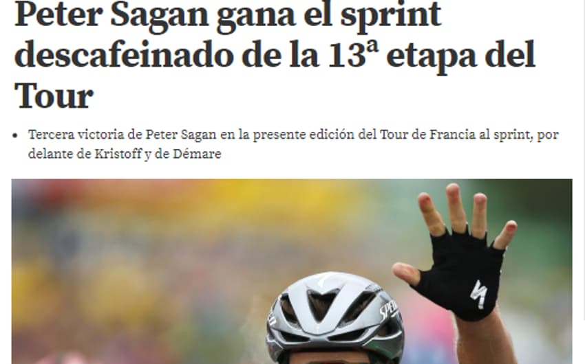 O 'Mundo Deportivo', da Espanha, disse que Peter Sagan venceu um "sprint descafeinado". A publicação destacou ainda que&nbsp;os favoritos "se desgastaram o mínimo possível após a dureza das três etapas alpinas, antes de enfrentar neste sábado mais um dia complicado"