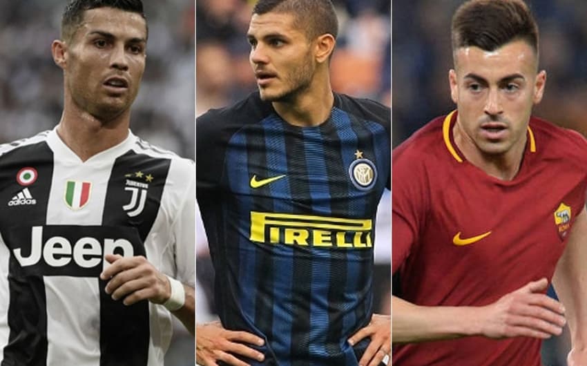 Montagem com Cristiano Ronaldo (Juventus), Icardi (Internazionale) e El Shaarawy (Roma)