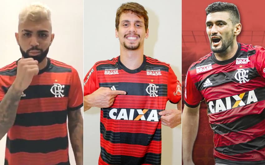 Montagem Lado a lado  Com as camisas do Flamengo  Rodrigo Caio / Gabigol / Arrascaeta
