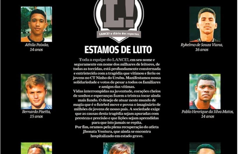 Capa do LANCE! de luto pelo Flamengo