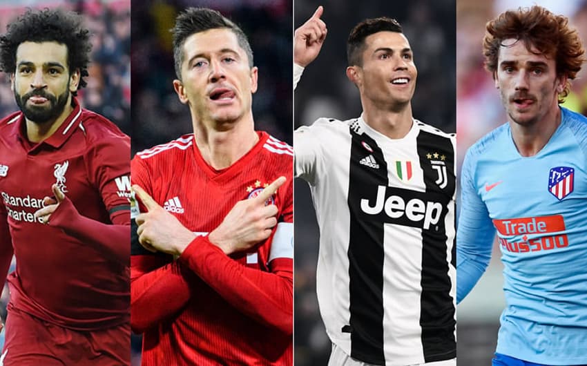 Montagem Salah (Liverpool), Lewandowski (Bayern de Munique), Cristiano Ronaldo (Juventus) e Griezmann (Atlético de Madrid)