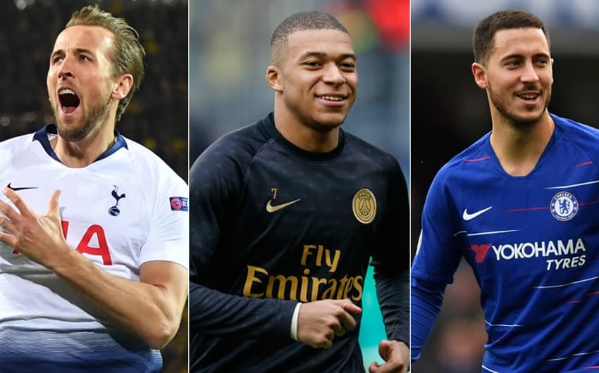 Montagem com Kane (Tottenham), Mbappé (PSG) e Hazard (Chelsea)