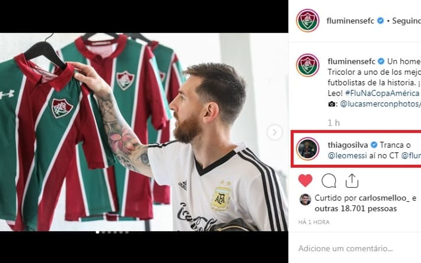 Thiago Silva comenta foto de Messi com a camisa do Fluminense