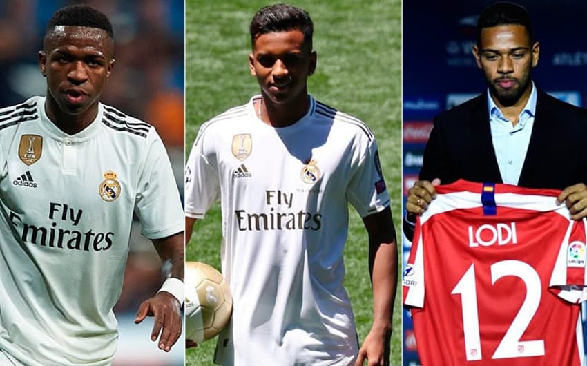 Montagem - Vinicius Júnior (Real Madrid), Rodrygo (Real Madrid) e Rean Lodi (Atlético de Madrid).
