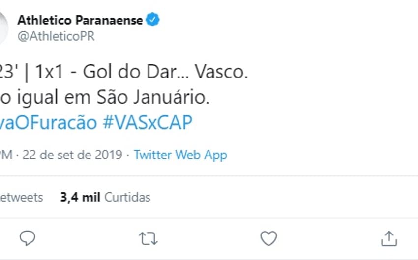 Rede social do Athletico-PR ironizou gol do Vasco