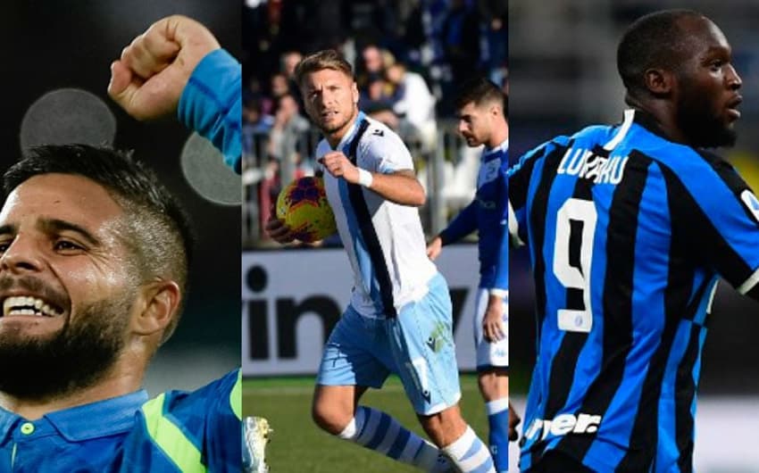 Montagem Insigne (Napoli), Immobile (Lazio) e Lukaku (Inter de Milão)