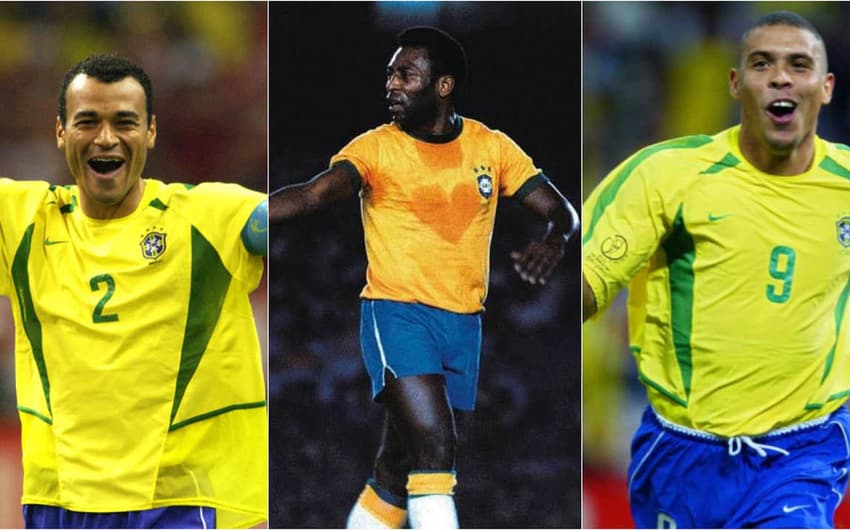 Montagem - Brasileiros Bola de Ouro Dream Team - Cafu, Pelé e Ronaldo