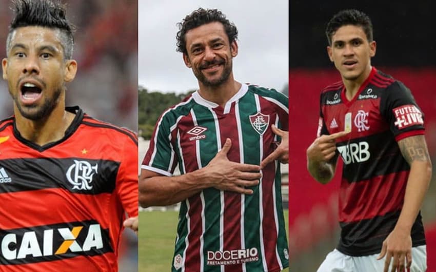 Léo Moura, o atacante do Fluminense Fred e o atacante do Flamengo Pedro