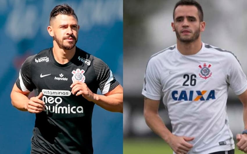 Giuliano (treinando pelo Corinthians) e Renato Augusto (com a camisa do Corinthians)