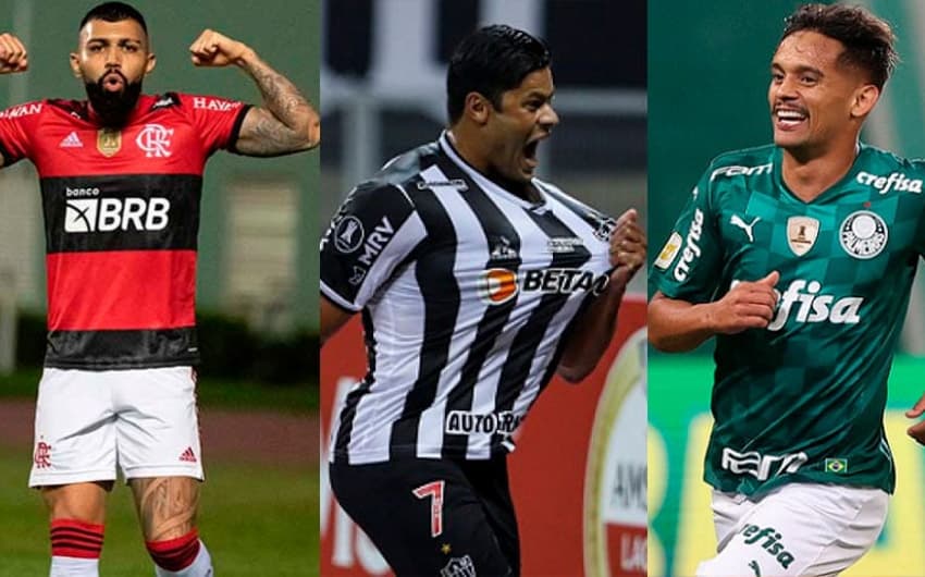 Gabigol, do Flamengo, Hulk, do Atlético-MG, e Gustavo Scarpa, do Palmeiras