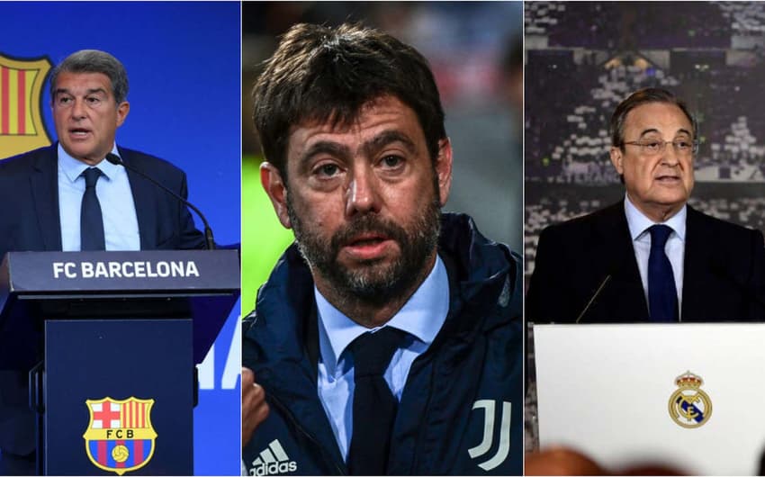Joan Laporta, Andrea Agnelli e Florentino Pérez, presidentes de Barcelona, Juventus e Real Madrid, respectivamente, clubes que ainda desejam a fundação da Superliga Europeia
