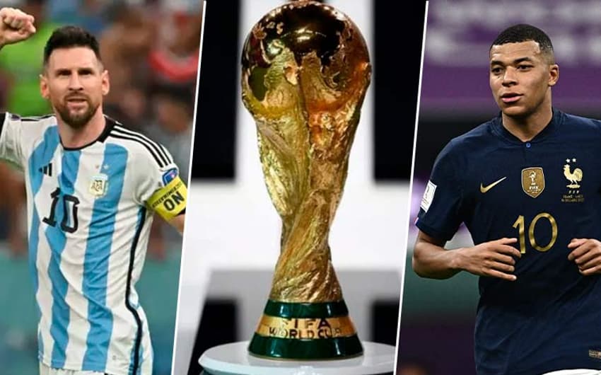Messi (com a camisa da Argentina) , o troféu da Copa e Mbappe (com a camisa da França)