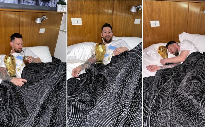 Messi dorme com a taça da Copa do Mundo