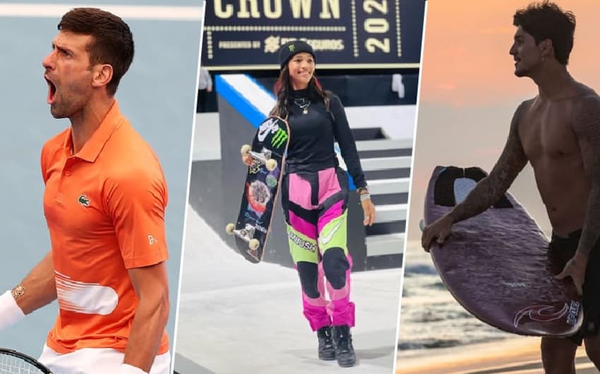Rayssa Leal (skate), Djokovic (tênis) e Gabriel Medina (surfe