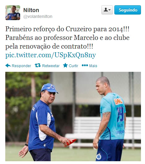 Pelo twitter, Nilton comemora renovação de Marcelo (Foto: Reprodução/Twitter)