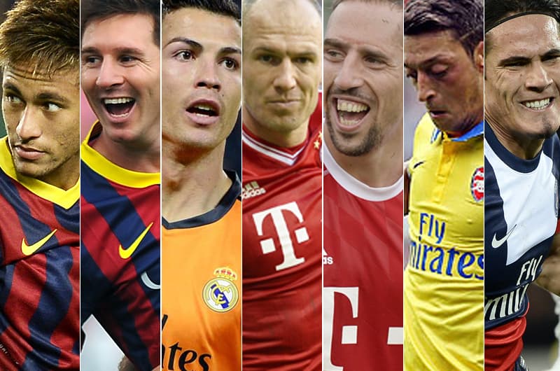 Neymar, Messi, Cristiano Ronaldo, Robben, ribéry, Özil e Cavani (Fotos: AFP)