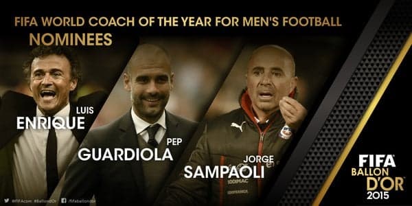Luis Enrique, Guardiola e Sampaoli disputam o prêmio de melhor técnico (Foto: Reprodução / Twitter)