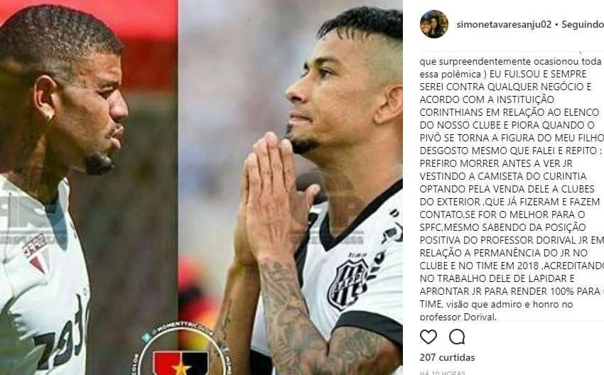 Postagem da mãe do jogador dizendo preferir a morte a ver seu filho jogando no Corinthians