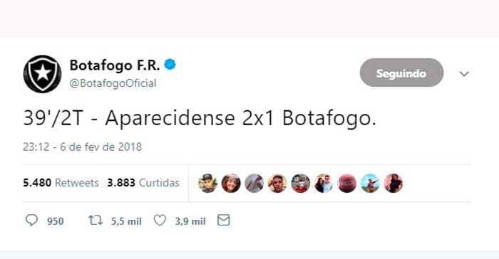 Quando o Aparecidense virou a partida aos 39 minutos do segundo tempo, o Twitter do Botafogo atualizou o placar para seus seguidores