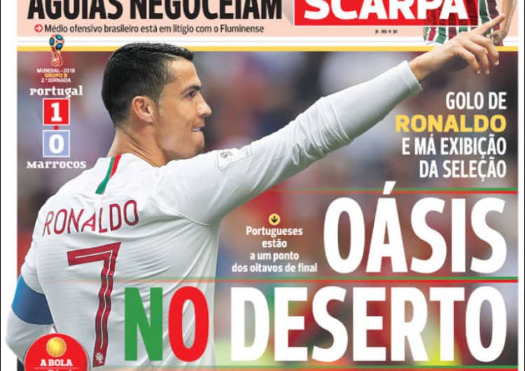 Em Portugal, alegria total pela vitória contra Marrocos, por 1 a 0. Destaque, como sempre, para Cristiano Ronaldo, autor do único gol da partida que deixa o gajo na artilharia da Copa.
