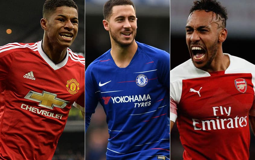 Montagem - Rashford (Manchester United), Hazard (Chelsea) e Aubameyang (Arsenal)
