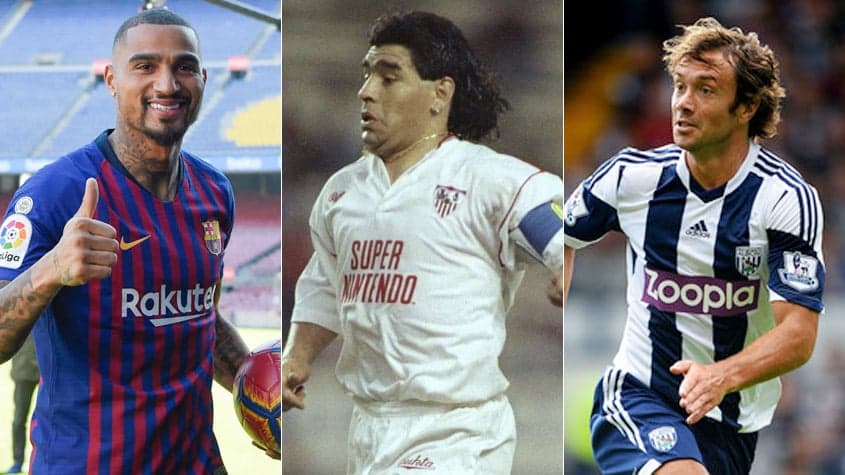 Montagem Boateng (Barcelona), Maradona (com a camisa do Sevilla) e Diego Lugano (com a camisa do West Bromwich)